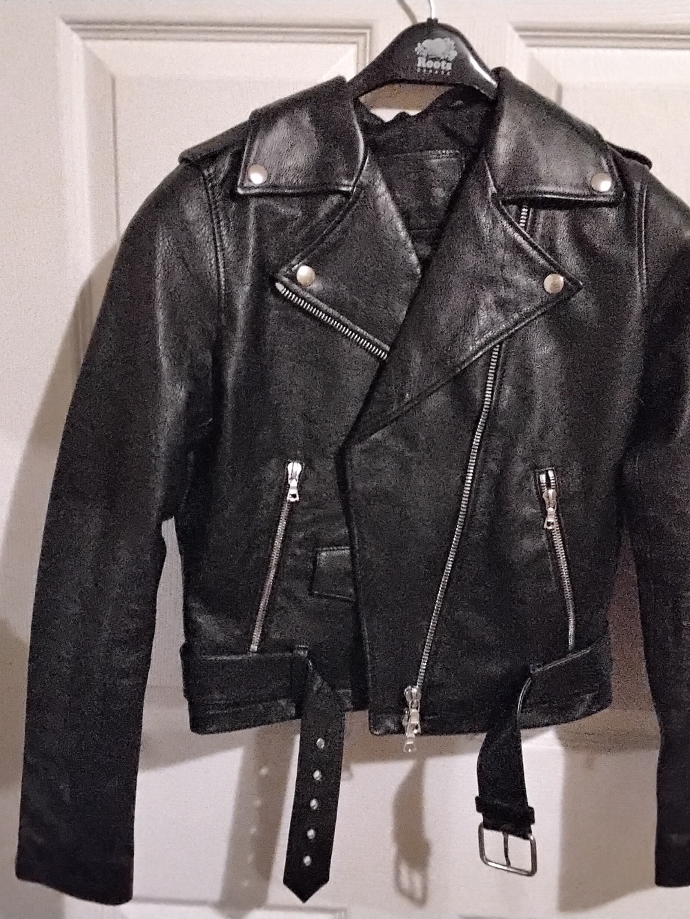 Roots Black Leather Moto Bomber Jacket